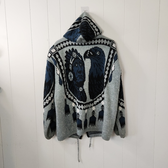 Vintage First Nations Chief Eagle Zip Sweater Hoodie Indigenous 90s 1990s Mens - Picture 3 of 8
